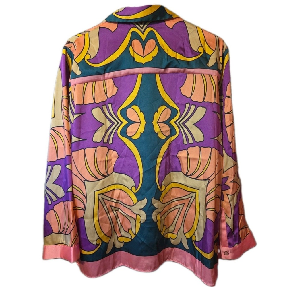 Zara Womens Retro Psychedelic Print Satin Button Down Shirt Purple Teal Large - Picture 3 of 4